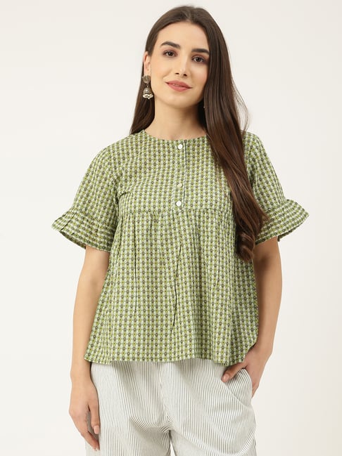 Deckedup Green Cotton Regular Fit Color-Block Tops