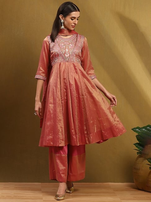 biba cotton anarkali dress Biba Old Rose Embroidered Anarkali Set