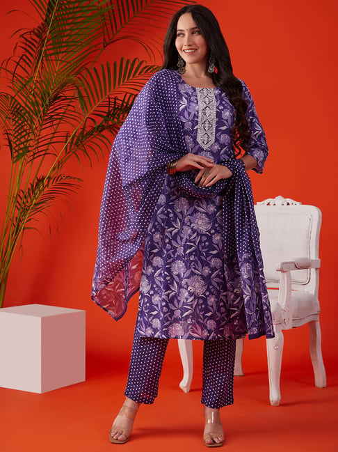 Heeposh Purple Cotton Printed Kurta Set With Dupatta