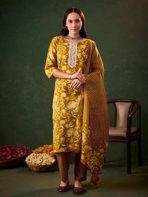 Heeposh Yellow Cotton Printed Kurta Set With Dupatta