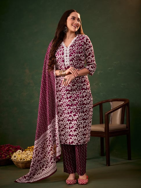 Heeposh Purple Cotton Printed Kurta Set With Dupatta