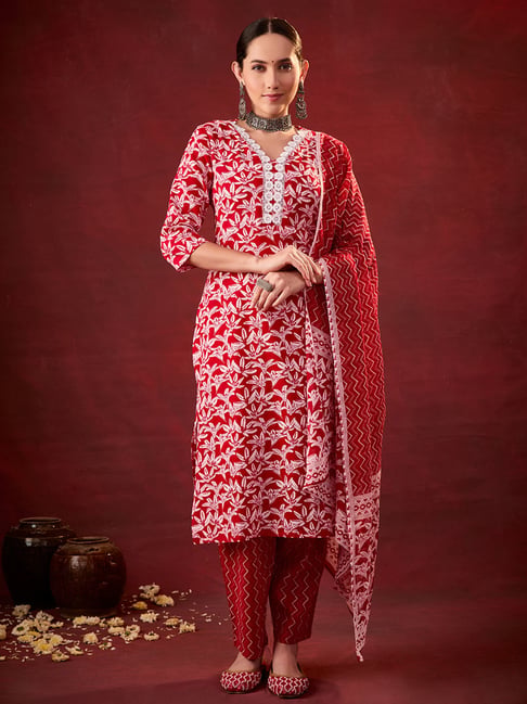 Heeposh Red Cotton Printed Kurta Set With Dupatta