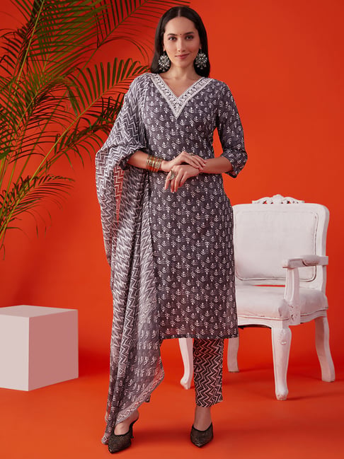 Heeposh Green Cotton Printed Kurta Set With Dupatta