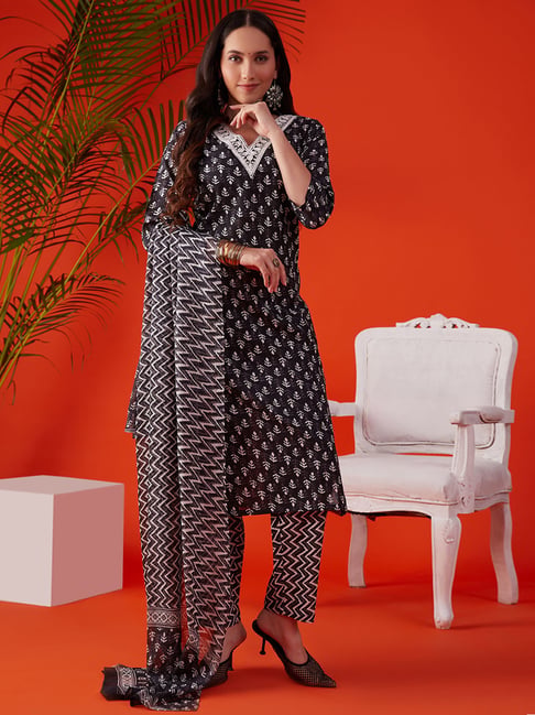 Heeposh Black Cotton Printed Kurta Set With Dupatta