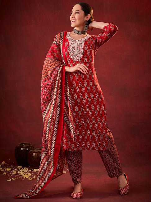 Heeposh Red Cotton Printed Kurta Set With Dupatta