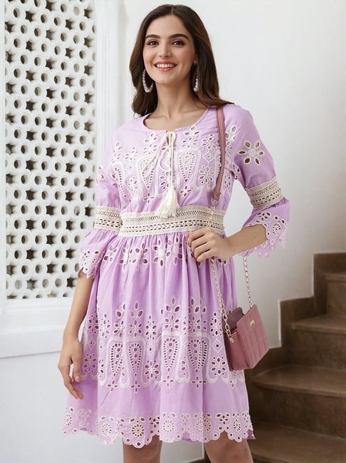Ishin Lilac Cotton Self Design 3/4th sleeve Dress