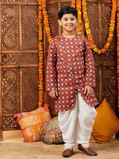 StyloBug Boys Maroon Cotton Printed Kurta Set