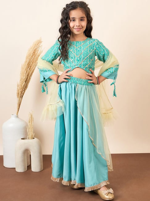 StyloBug Girls Green Printed Lahnga Choli