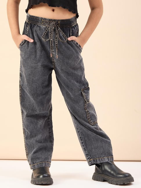 StyloBug Girls Black Cotton Cargo Pants