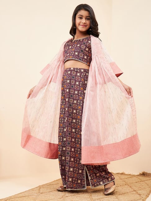 StyloBug Girls Purple Cotton Printed Kurti Set