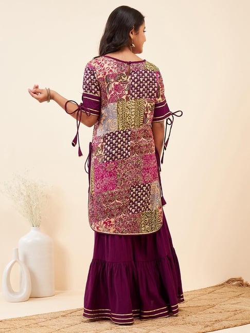 StyloBug Girls Purple Cotton Printed Kurti Set-picture-11