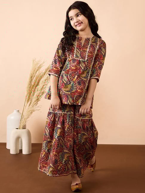 StyloBug Girls Multi Cotton All over Print Kurti Set-picture-34