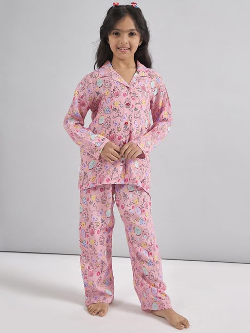 StyloBug Girls Pink Printed Night Suit