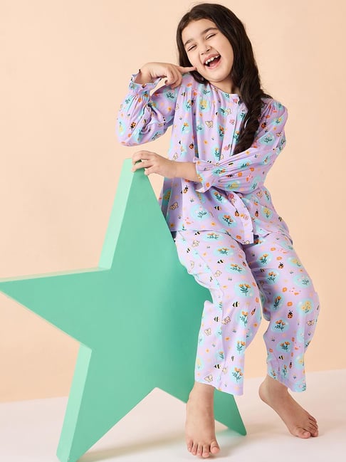 StyloBug Girls Purple Printed Night Suit