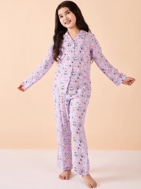 StyloBug Girls Purple Printed Night Suit