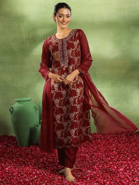 Libas Maroon Embroidered Kurta and Pant Set With Dupatta