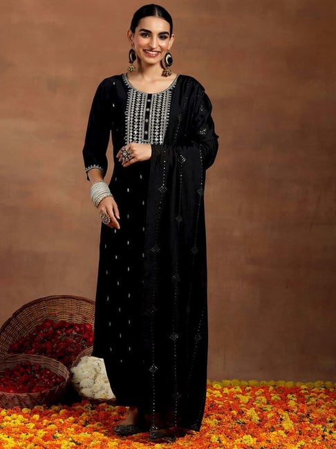 Libas Black Embroidered Kurta and Salwar Set With Dupatta