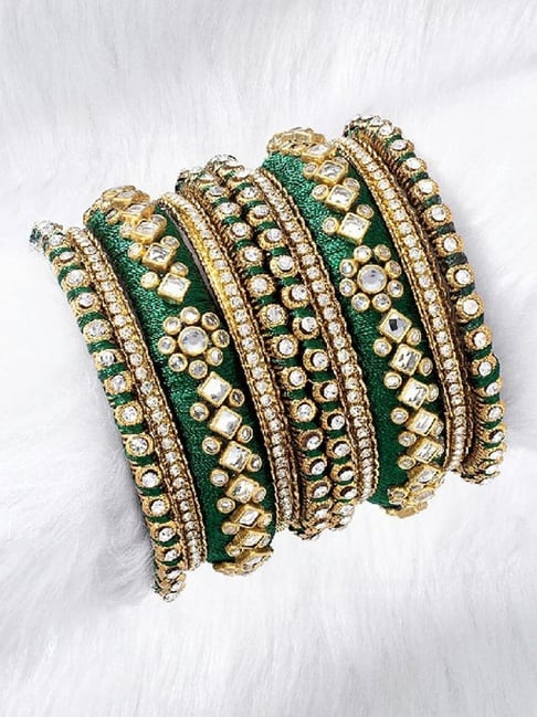 Peora Velvet Matching Fancy Silk Thread Green White Chuda Bangle -Set of 10-picture-18