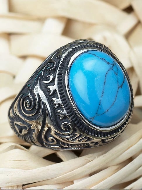 Buy Peora Stainless Steel and Turquoise Ring Online At Best Price