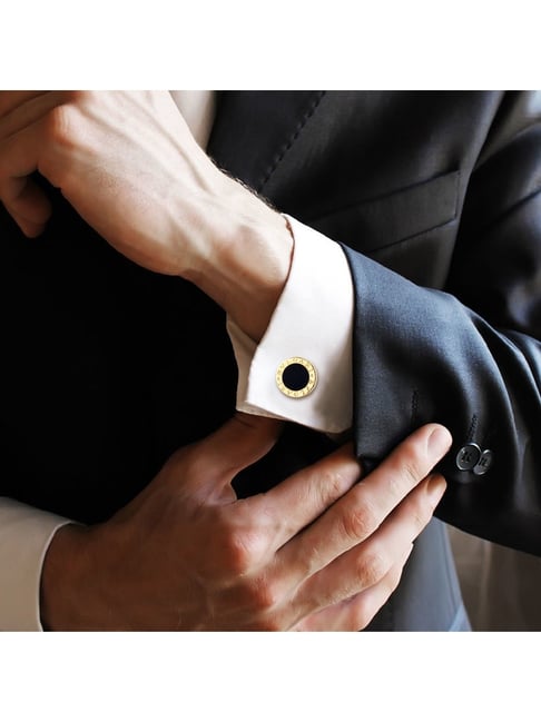 Peora Black Silver Round Designer Cufflinks for Men
