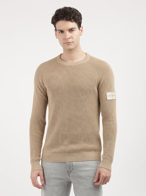 Calvin Klein Khaki Cotton Regular Fit Self Pattern Sweater