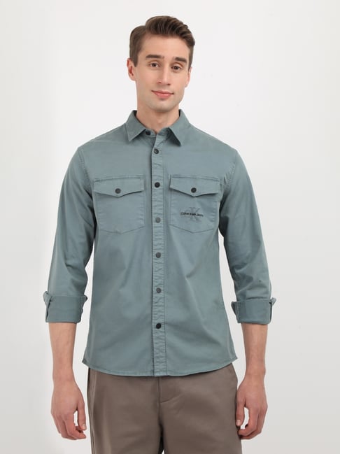 calvin klein green dress shirt CALVIN KLEIN JEANS Military green Men's Regular-fit Shirt