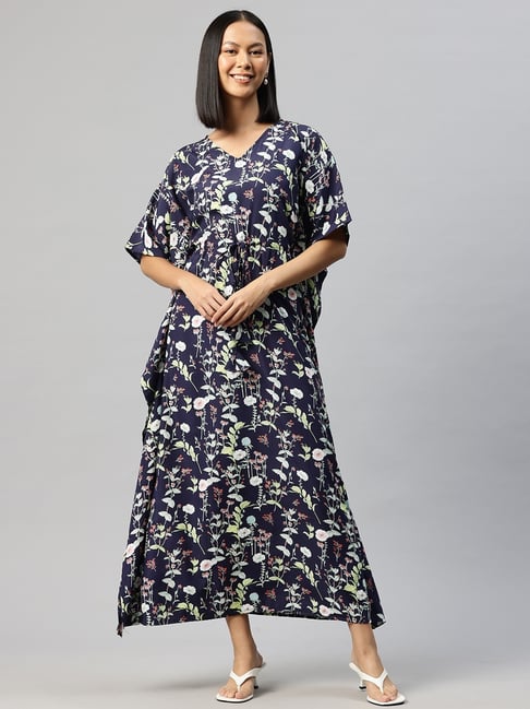 Cottinfab Navy Blue Floral Kaftan Dress-picture-37