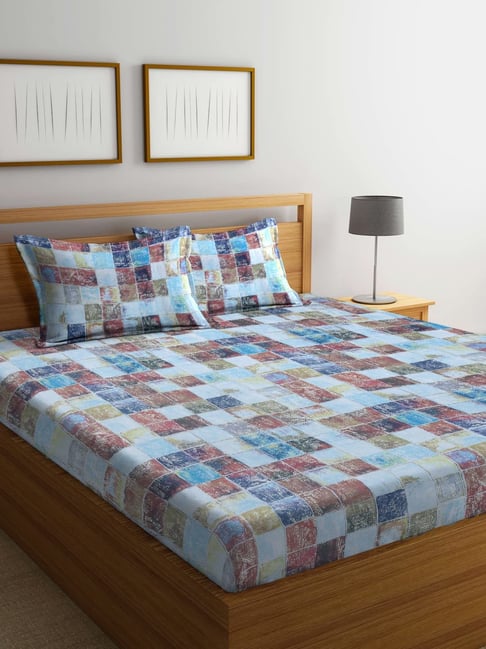 Bombay Dyeing Checks Blue 104 Tc Cotton Queen Bedsheet with 2 Pillow Covers