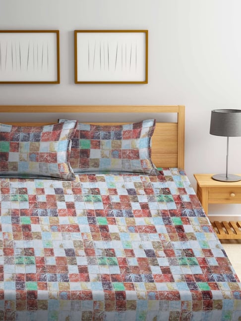 Bombay Dyeing Checks Orange 104 Tc Cotton Queen Bedsheet with 2 Pillow Covers