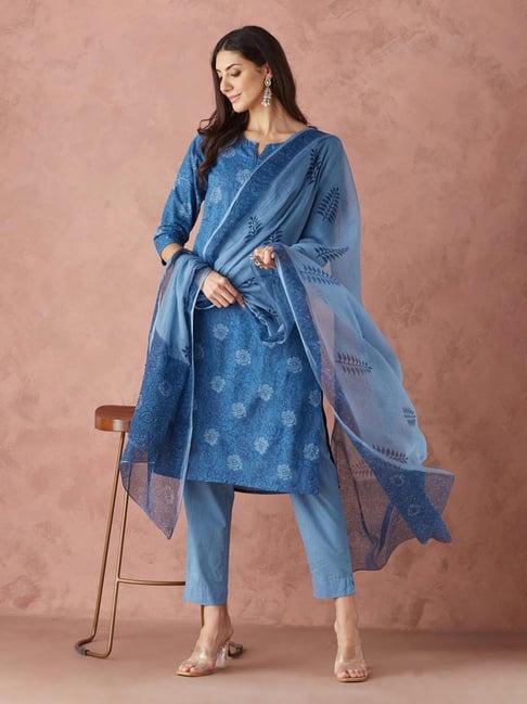 Fabindia Blue Cotton Regular Fit Printed Suit Sets