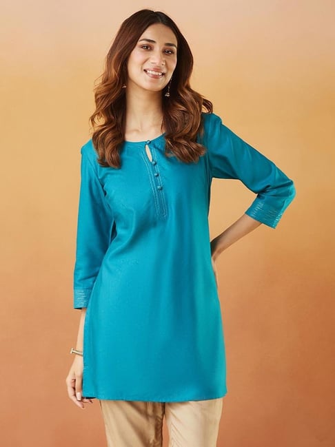 Fabindia Blue Silk Viscose Slim Fit Solid Kurta