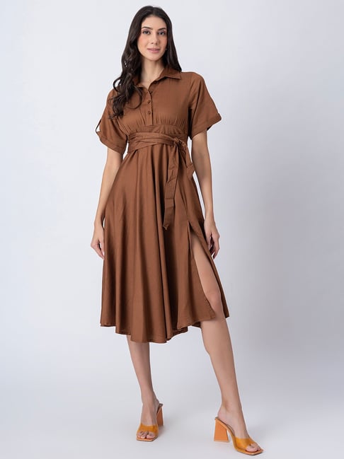 Moomaya Brown Cotton Regular Fit Casual Dress-picture-23