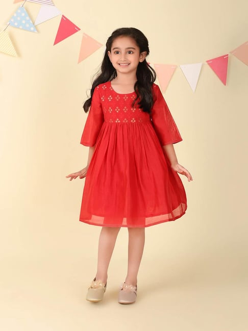 Fabindia Girls Red Cotton Silk Casual Dress