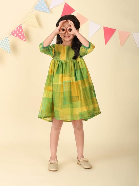 Fabindia Girls Green Cotton Silk Printed Casual Dress-picture-45