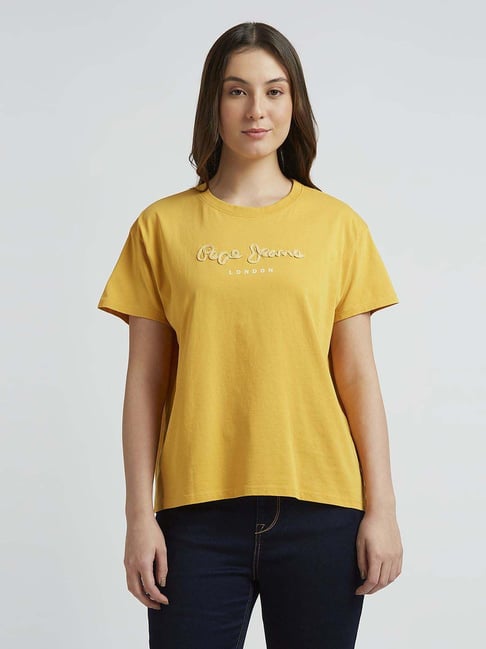 Pepe Jeans Yellow Cotton Embroidered T-Shirt