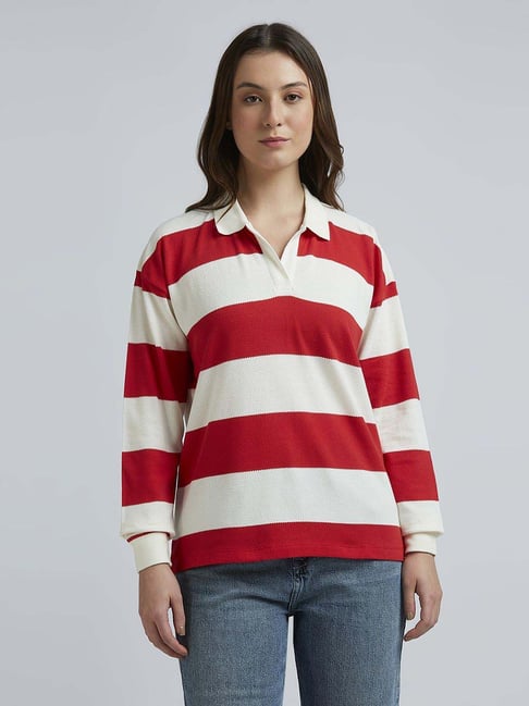 Pepe Jeans Red White Cotton Striped T-Shirt - Main Image