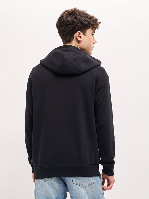 The Bear House Black Cotton Relaxed Fit Self Hooded Sweatshirt
