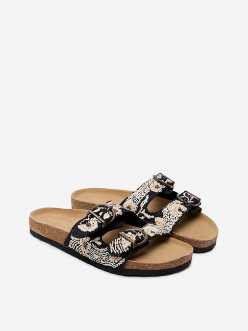 LUNA BLU by Westside Black Embroidered Belted Slides