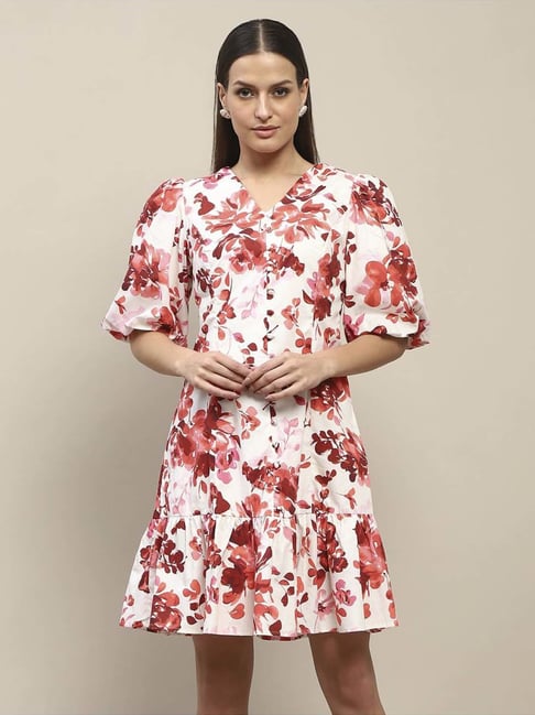 MADAME Red Cotton Floral Printed Shift Dress-picture-41
