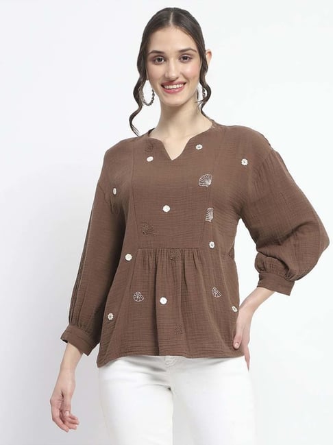 MADAME Brown Cotton Embroidered Top-picture-29