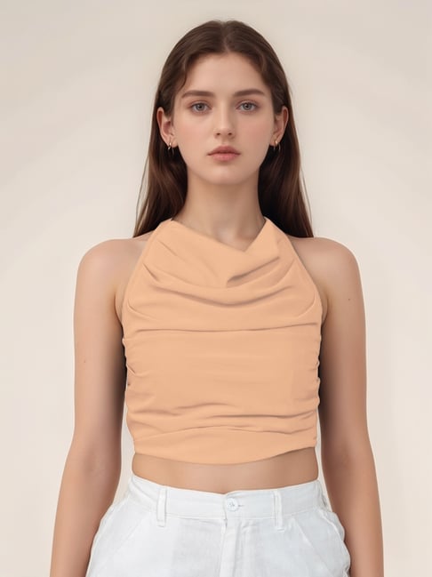 Zink London Beige Solid Crop Top