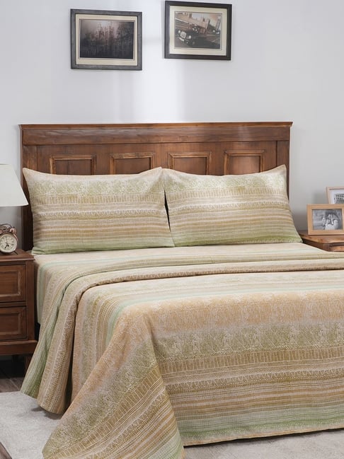 Maspar Printed Green 300 Cotton Double Bed Sheet With Pillow Case-image-11