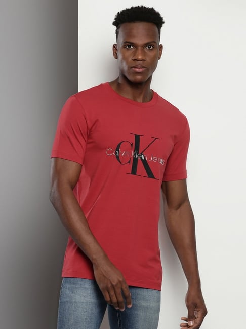 Calvin Klein Maroon Cotton Slim Fit Logo Printed T-Shirt