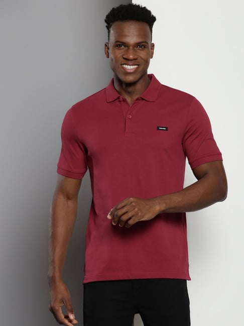 Calvin Klein Maroon Cotton Slim Fit Polo T-Shirt
