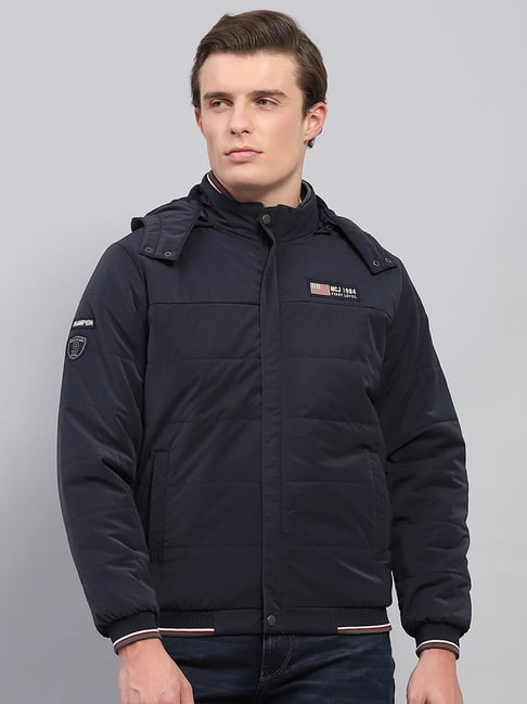 Monte Carlo Navy Blue Regular Fit Quilted Hooded Jacket