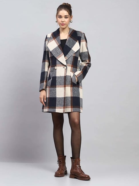 Monte Carlo Navy Blue Regular Fit Chequered Coat