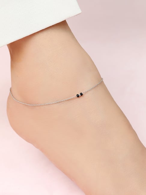 Zavya 925 Sterling Silver Subtle Black Beads Rhodium Plated Adjustable Link Chain Anklet-picture-42