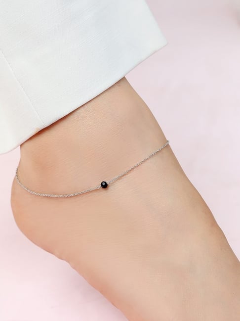 Zavya 925 Sterling Silver Chic Black Bead Rhodium Plated Adjustable Link  Chain Anklet