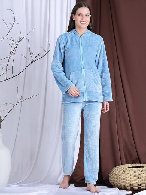NEUDIS Blue Fleece Solid Full Sleeves Nightsuit