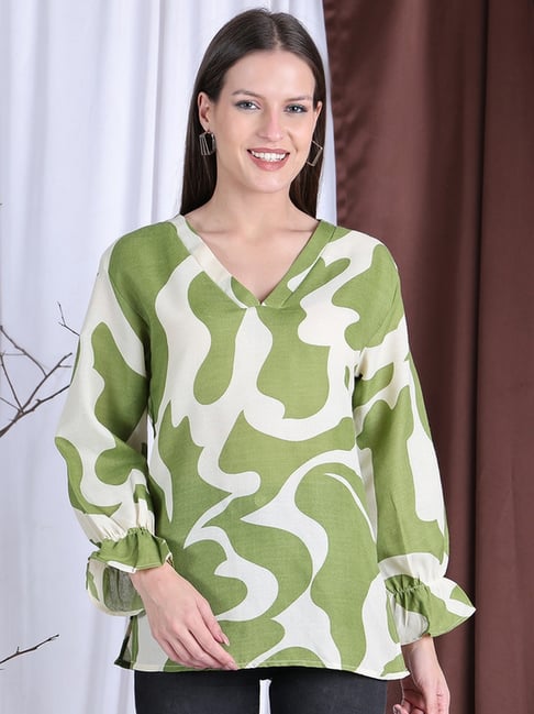 NEUDIS Green Cotton Abstract 3/4th sleeves Top